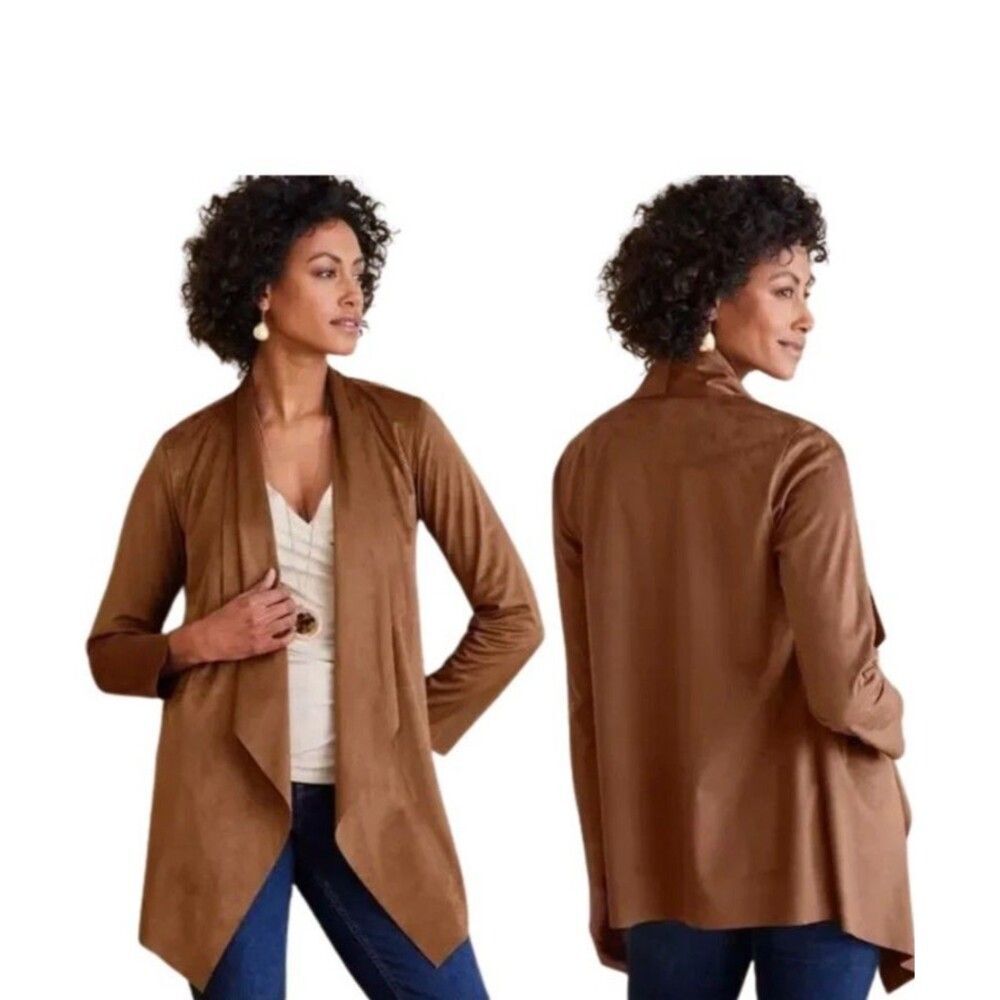 NWT $110 Soft Surroundings Shape Drape Jacket Womens Brown Faux Suede P Large